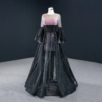 Luxury Gorgeous Black Dancing Prom Dresses 2020 A Line Princess See Through Scoop Neck Bell Sleeves Candy Pink Beading Sequins Floor Length Long Ruffle Formal Dresses