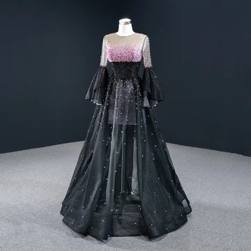Luxe Noire Dansant Robe De Bal 2020 Princesse Transparentes Encolure Dégagée Manches De Cloche Rose Bonbon Perlage Paillettes Longue Volants Robe De Ceremonie
