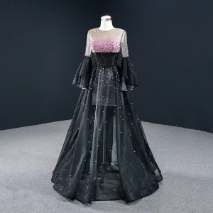 Luxury Gorgeous Black Dancing Prom Dresses 2020 A Line Princess See Through Scoop Neck Bell Sleeves Candy Pink Beading Sequins Floor Length Long Ruffle Formal Dresses
