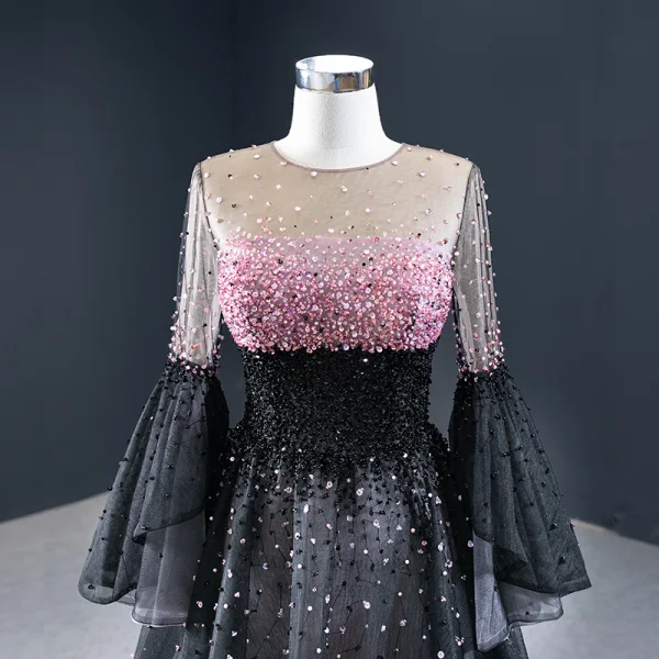 Luxus / Herrlich Schwarz Tanzen Ballkleider 2020 A Linie Durchsichtige Rundhalsausschnitt Glockenhülsen Pink Perlenstickerei Pailletten Lange Rüschen Festliche Kleider