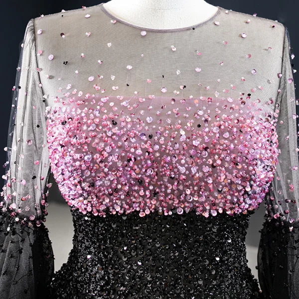 Luxus / Herrlich Schwarz Tanzen Ballkleider 2020 A Linie Durchsichtige Rundhalsausschnitt Glockenhülsen Pink Perlenstickerei Pailletten Lange Rüschen Festliche Kleider
