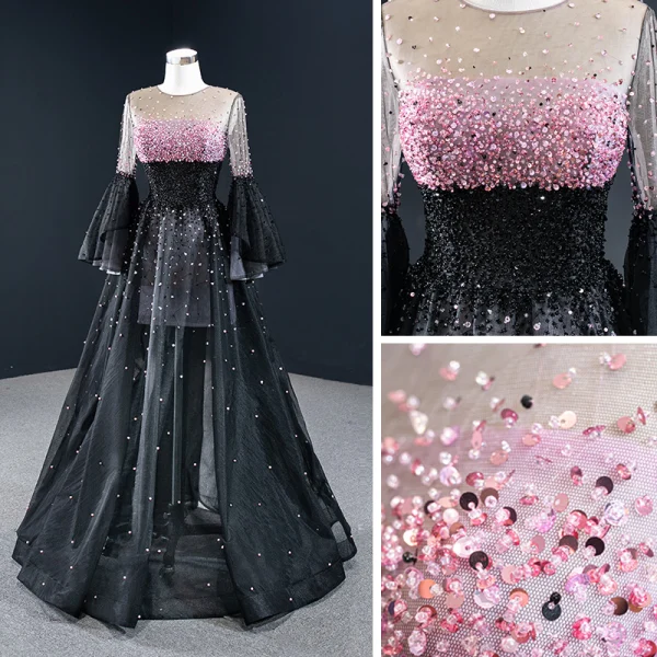 Luxus / Herrlich Schwarz Tanzen Ballkleider 2020 A Linie Durchsichtige Rundhalsausschnitt Glockenhülsen Pink Perlenstickerei Pailletten Lange Rüschen Festliche Kleider