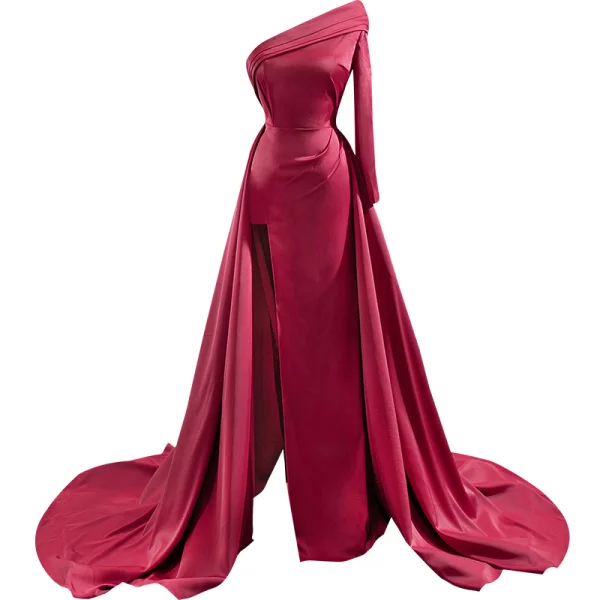 Schlicht Burgunderrot Satin Roter Teppich Abendkleider 2020 A Linie One-Shoulder Lange Ärmel Gespaltete Front Hof-Schleppe Rückenfreies Festliche Kleider
