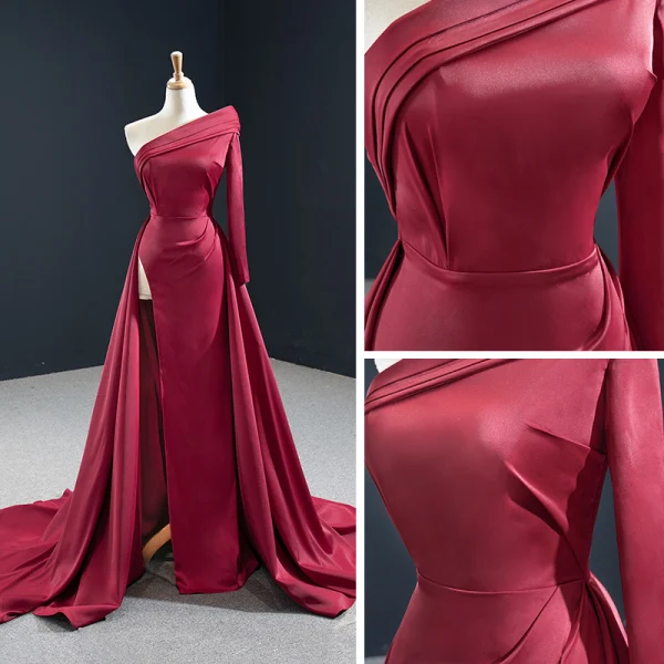 Schlicht Burgunderrot Satin Roter Teppich Abendkleider 2020 A Linie One-Shoulder Lange Ärmel Gespaltete Front Hof-Schleppe Rückenfreies Festliche Kleider