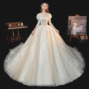 Chic Beautiful Champagne Bridal Wedding Dresses 2020 Ball Gown See Through Scoop Neck 3 4 Sleeve Backless Appliques Lace Rhinestone Beading Glitter Tulle Chapel Train Ruffle