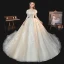 Chic / Belle Champagne La Mariée Robe De Mariée 2020 Robe Boule Transparentes Encolure Dégagée 3/4 Manches Dos Nu Appliques En Dentelle Faux Diamant Perlage Glitter Tulle Chapel Train Volants