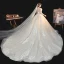 Chic / Belle Champagne La Mariée Robe De Mariée 2020 Robe Boule Transparentes Encolure Dégagée 3/4 Manches Dos Nu Appliques En Dentelle Faux Diamant Perlage Glitter Tulle Chapel Train Volants