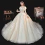 Chic / Belle Champagne La Mariée Robe De Mariée 2020 Robe Boule Transparentes Encolure Dégagée 3/4 Manches Dos Nu Appliques En Dentelle Faux Diamant Perlage Glitter Tulle Chapel Train Volants