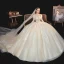Chic / Belle Champagne La Mariée Robe De Mariée 2020 Robe Boule Transparentes Encolure Dégagée 3/4 Manches Dos Nu Appliques En Dentelle Faux Diamant Perlage Glitter Tulle Chapel Train Volants