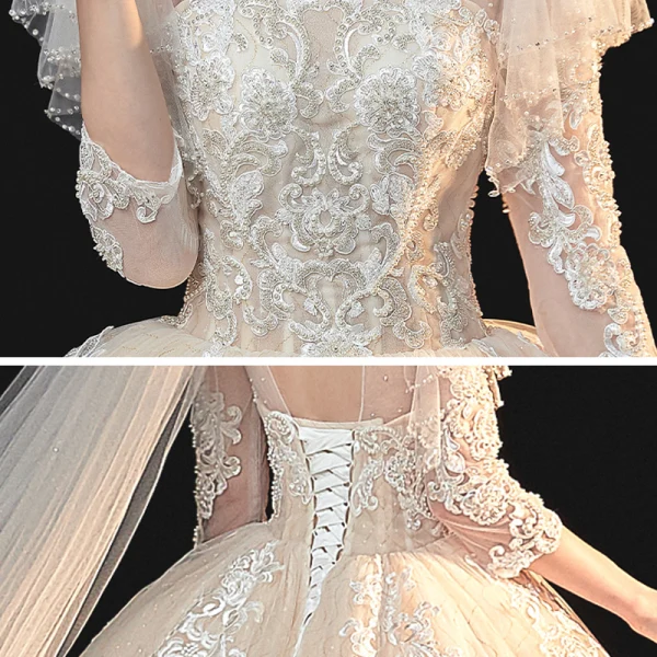 Chic / Belle Champagne La Mariée Robe De Mariée 2020 Robe Boule Transparentes Encolure Dégagée 3/4 Manches Dos Nu Appliques En Dentelle Faux Diamant Perlage Glitter Tulle Chapel Train Volants