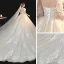 Chic / Belle Champagne La Mariée Robe De Mariée 2020 Robe Boule Transparentes Encolure Dégagée 3/4 Manches Dos Nu Appliques En Dentelle Faux Diamant Perlage Glitter Tulle Chapel Train Volants