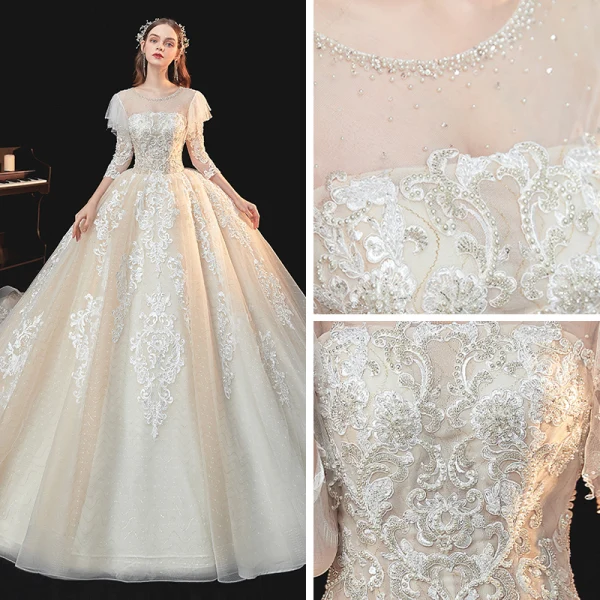 Chic / Belle Champagne La Mariée Robe De Mariée 2020 Robe Boule Transparentes Encolure Dégagée 3/4 Manches Dos Nu Appliques En Dentelle Faux Diamant Perlage Glitter Tulle Chapel Train Volants