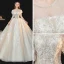 Chic / Belle Champagne La Mariée Robe De Mariée 2020 Robe Boule Transparentes Encolure Dégagée 3/4 Manches Dos Nu Appliques En Dentelle Faux Diamant Perlage Glitter Tulle Chapel Train Volants