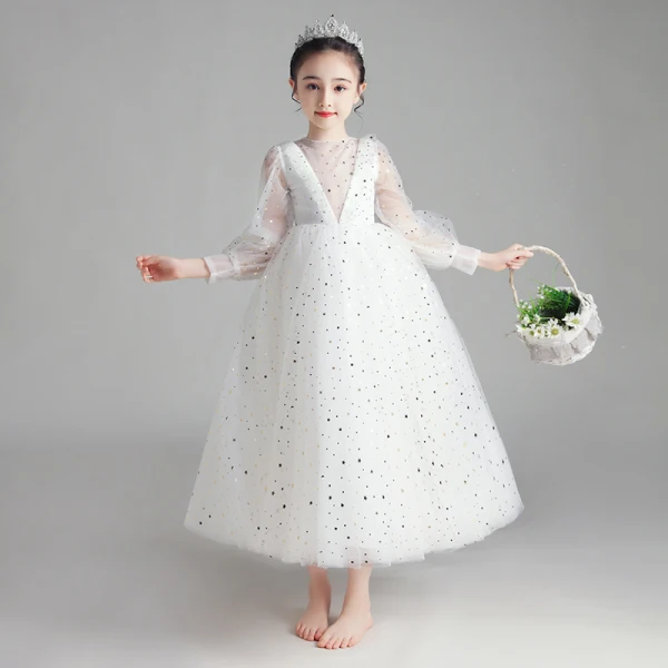 Illusion White Flower Girl Dresses 2020 Ball Gown See-through Scoop Neck Puffy Long Sleeve Star Sequins Ankle Length Ruffle
