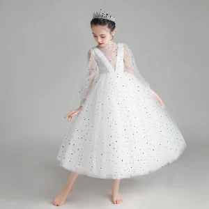 Illusion Blanche Robe Ceremonie Fille 2020 Robe Boule Transparentes Encolure Dégagée Gonflée Manches Longues Étoile Paillettes Longueur Cheville Volants