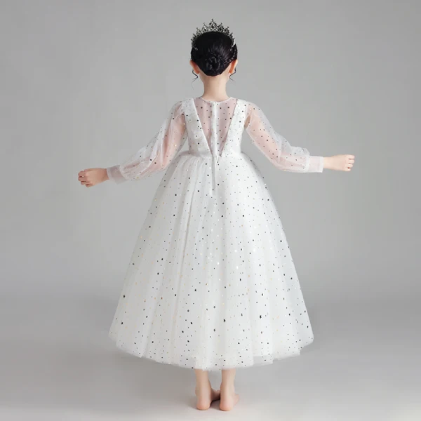 Illusion White Flower Girl Dresses 2020 Ball Gown See-through Scoop Neck Puffy Long Sleeve Star Sequins Ankle Length Ruffle