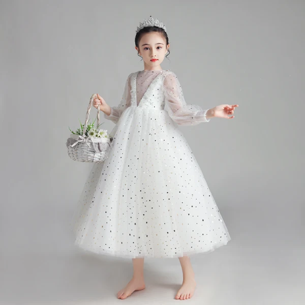 Illusion White Flower Girl Dresses 2020 Ball Gown See-through Scoop Neck Puffy Long Sleeve Star Sequins Ankle Length Ruffle