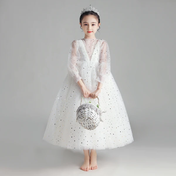 Illusion White Flower Girl Dresses 2020 Ball Gown See-through Scoop Neck Puffy Long Sleeve Star Sequins Ankle Length Ruffle