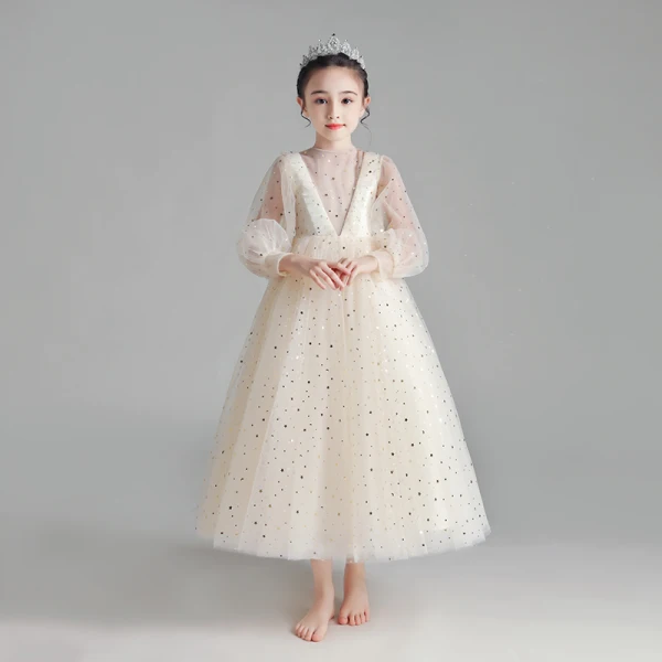 Illusion White Flower Girl Dresses 2020 Ball Gown See-through Scoop Neck Puffy Long Sleeve Star Sequins Ankle Length Ruffle