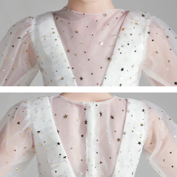 Illusion White Flower Girl Dresses 2020 Ball Gown See-through Scoop Neck Puffy Long Sleeve Star Sequins Ankle Length Ruffle
