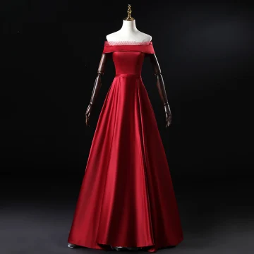 Simple Bordeaux Satin Robe De Soirée 2020 Princesse De L 039 Épaule Manches Courtes Ceinture Longue Volants Dos Nu Robe De Ceremonie