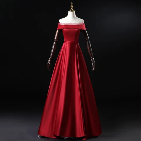 Modest / Simple Burgundy Satin Evening Dresses  2020 A-Line / Princess Off-The-Shoulder Short Sleeve Sash Floor-Length / Long Ruffle Backless Formal Dresses