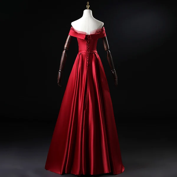 Modest / Simple Burgundy Satin Evening Dresses 2020 A-Line / Princess Off-The-Shoulder Short Sleeve Sash Floor-Length / Long Ruffle Backless Formal Dresses