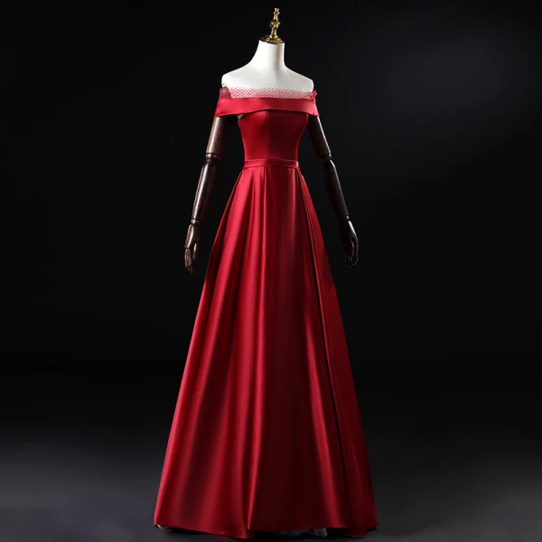 Modest / Simple Burgundy Satin Evening Dresses 2020 A-Line / Princess Off-The-Shoulder Short Sleeve Sash Floor-Length / Long Ruffle Backless Formal Dresses