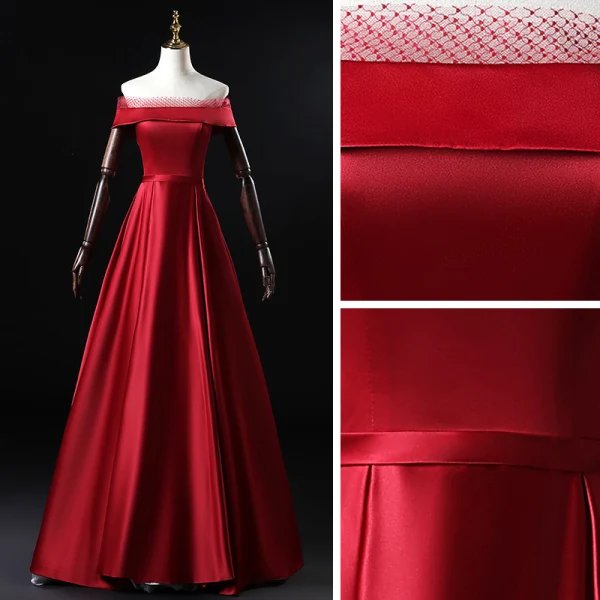 Modest / Simple Burgundy Satin Evening Dresses 2020 A-Line / Princess Off-The-Shoulder Short Sleeve Sash Floor-Length / Long Ruffle Backless Formal Dresses