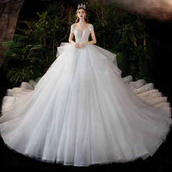 Romantic White Bridal Wedding Dresses 2020 Ball Gown See Through Scoop Neck Short Sleeve Backless Beading Glitter Tulle Cathedral Train Ruffle
