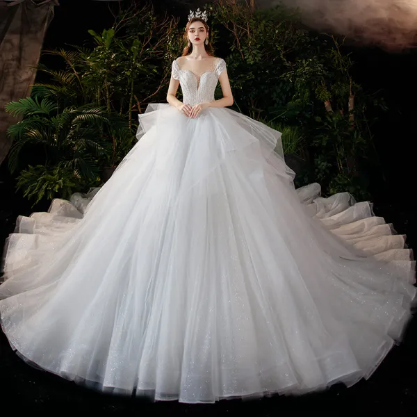 Romantic White Bridal Wedding Dresses 2020 Ball Gown See-through Scoop Neck Short Sleeve Backless Beading Glitter Tulle Cathedral Train Ruffle