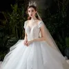 Romantic White Bridal Wedding Dresses 2020 Ball Gown See-through Scoop Neck Short Sleeve Backless Beading Glitter Tulle Cathedral Train Ruffle