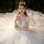 Romantique Blanche La Mariée Robe De Mariée 2020 Robe Boule Transparentes Encolure Dégagée Manches Courtes Dos Nu Perlage Glitter Tulle Cathedral Train Volants
