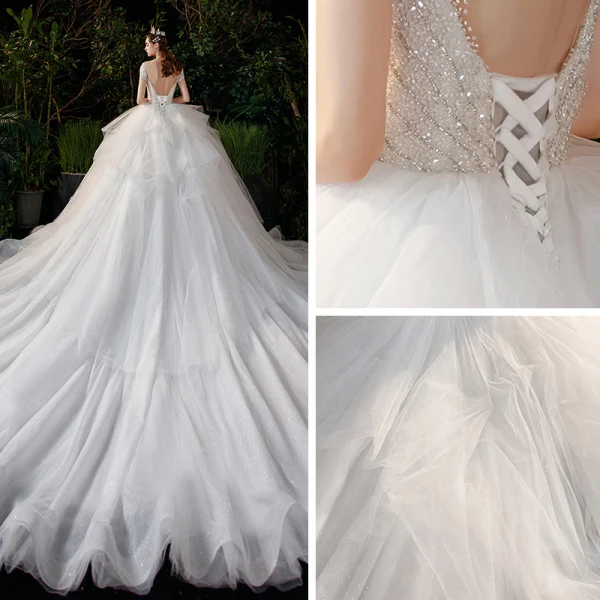 Romantique Blanche La Mariée Robe De Mariée 2020 Robe Boule Transparentes Encolure Dégagée Manches Courtes Dos Nu Perlage Glitter Tulle Cathedral Train Volants