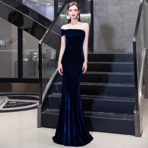 Simple Bleu Marine Velour Robe De Soirée 2020 Princesse Une Épaule Manches Courtes Longue Dos Nu Robe De Ceremonie