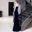 Modest / Simple Navy Blue Velour Evening Dresses  2020 A-Line / Princess One-Shoulder Short Sleeve Floor-Length / Long Backless Formal Dresses