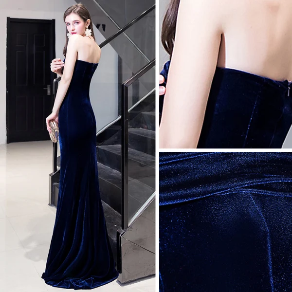 Modest / Simple Navy Blue Velour Evening Dresses  2020 A-Line / Princess One-Shoulder Short Sleeve Floor-Length / Long Backless Formal Dresses
