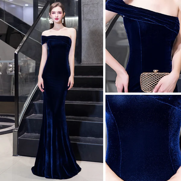 Modest / Simple Navy Blue Velour Evening Dresses  2020 A-Line / Princess One-Shoulder Short Sleeve Floor-Length / Long Backless Formal Dresses