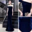 Modest / Simple Navy Blue Velour Evening Dresses  2020 A-Line / Princess One-Shoulder Short Sleeve Floor-Length / Long Backless Formal Dresses