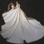 Vintage / Originale Ivoire Satin La Mariée Robe De Mariée 2020 Robe Boule Encolure Carrée Manches Courtes Dos Nu Noeud Perlage Perle Cathedral Train Volants