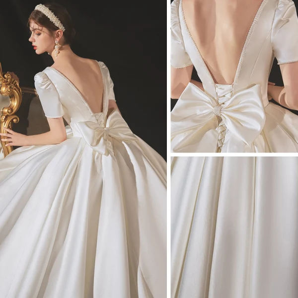Vintage / Originale Ivoire Satin La Mariée Robe De Mariée 2020 Robe Boule Encolure Carrée Manches Courtes Dos Nu Noeud Perlage Perle Cathedral Train Volants