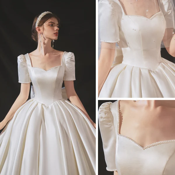 Vintage / Originale Ivoire Satin La Mariée Robe De Mariée 2020 Robe Boule Encolure Carrée Manches Courtes Dos Nu Noeud Perlage Perle Cathedral Train Volants