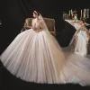 Luxury / Gorgeous Champagne Bridal Wedding Dresses 2020 Ball Gown Deep V-Neck Short Sleeve Backless Handmade  Beading Glitter Tulle Cathedral Train Ruffle