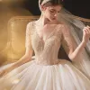 Luxury / Gorgeous Champagne Bridal Wedding Dresses 2020 Ball Gown Deep V-Neck Short Sleeve Backless Handmade  Beading Glitter Tulle Cathedral Train Ruffle