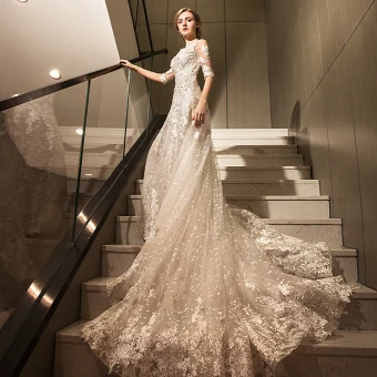 Chic Beautiful Hall Wedding Dresses 2017 Trumpet Mermaid Cathedral Train Scoop Neck 1 2 Sleeves Backless Lace Appliques Rhinestone Sequins