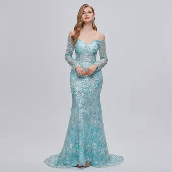Sexy Mint Green Sequins Lace Flower Evening Dresses 2023 Trumpet Mermaid Off The Shoulder 3 4 Sleeve Backless Floor Length Long Evening Party Formal Dresses