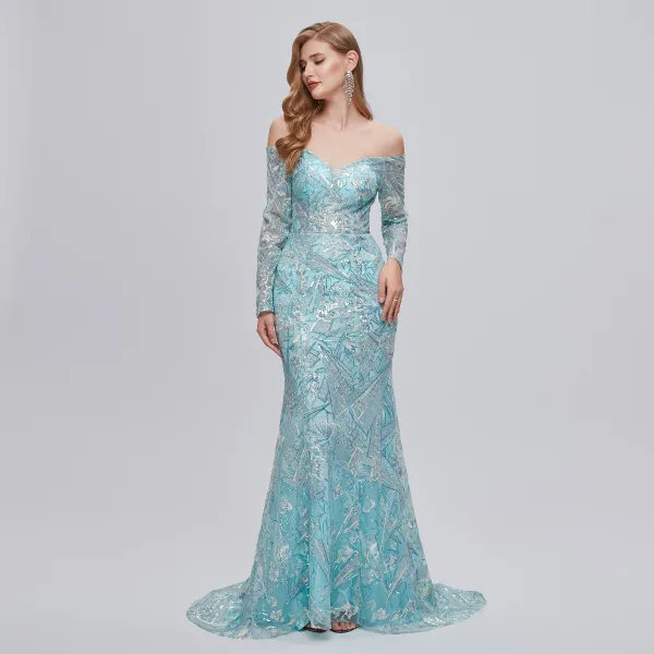 Sexy Mint Green Sequins Lace Flower Evening Dresses 2023 Trumpet / Mermaid Off-The-Shoulder 3/4 Sleeve Backless Floor-Length / Long Evening Party Formal Dresses