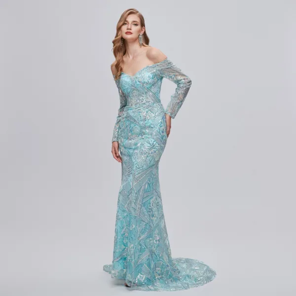 Sexy Mint Green Sequins Lace Flower Evening Dresses 2023 Trumpet / Mermaid Off-The-Shoulder 3/4 Sleeve Backless Floor-Length / Long Evening Party Formal Dresses