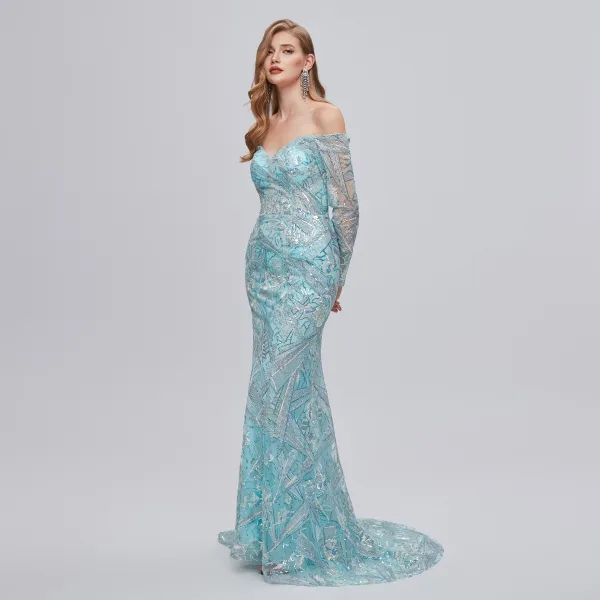 Sexy Mint Green Sequins Lace Flower Evening Dresses 2023 Trumpet / Mermaid Off-The-Shoulder 3/4 Sleeve Backless Floor-Length / Long Evening Party Formal Dresses