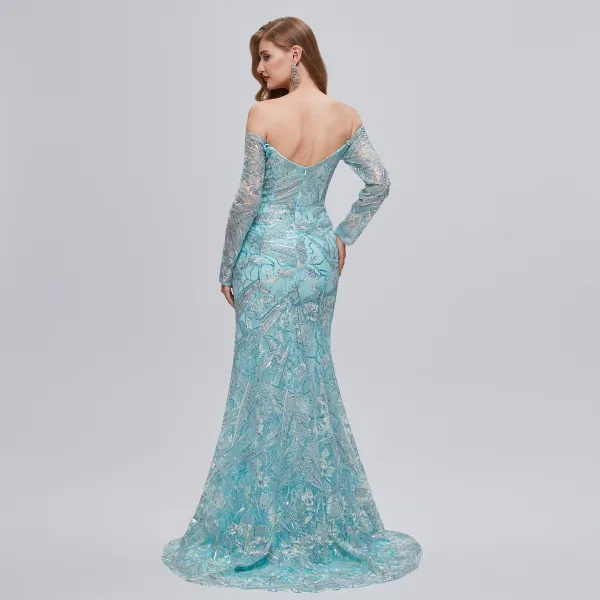 Sexy Mint Green Sequins Lace Flower Evening Dresses 2023 Trumpet / Mermaid Off-The-Shoulder 3/4 Sleeve Backless Floor-Length / Long Evening Party Formal Dresses